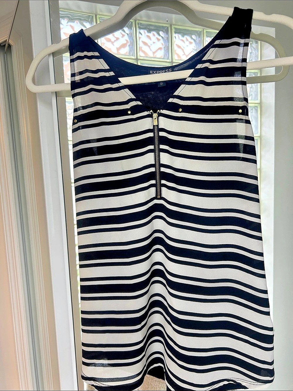 Express Black & White Striped Zip-Front Tank Blouse